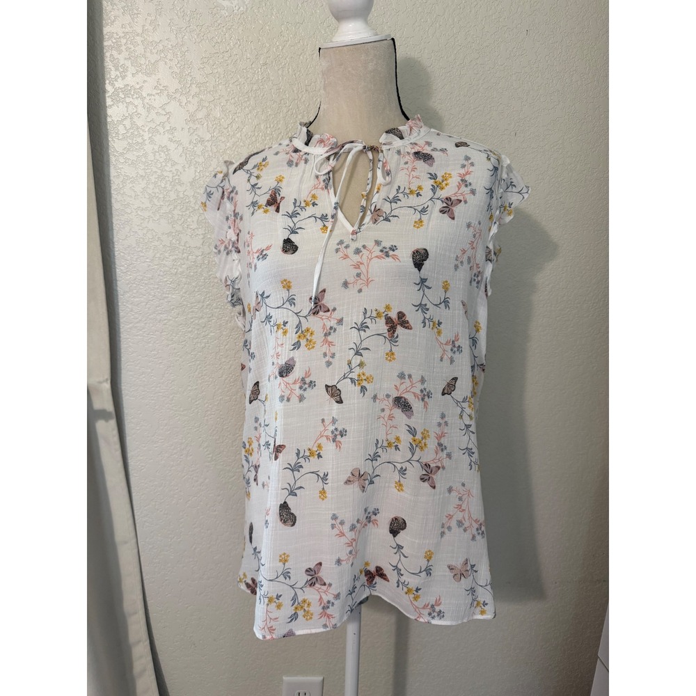 Tamara H Butterfly Floral Ruffle Sleeve Tie Neck Blouse White XL